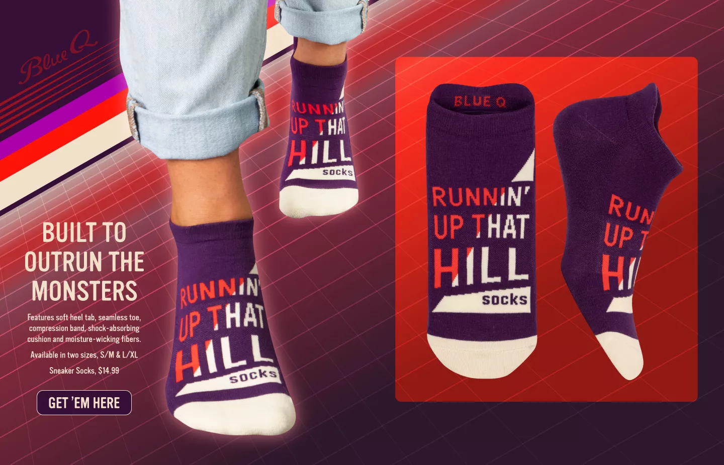 New Sneaker Socks from Blue Q! Runnin' Up That Hill Sneaker Socks, Built to Outrun the Monsters!